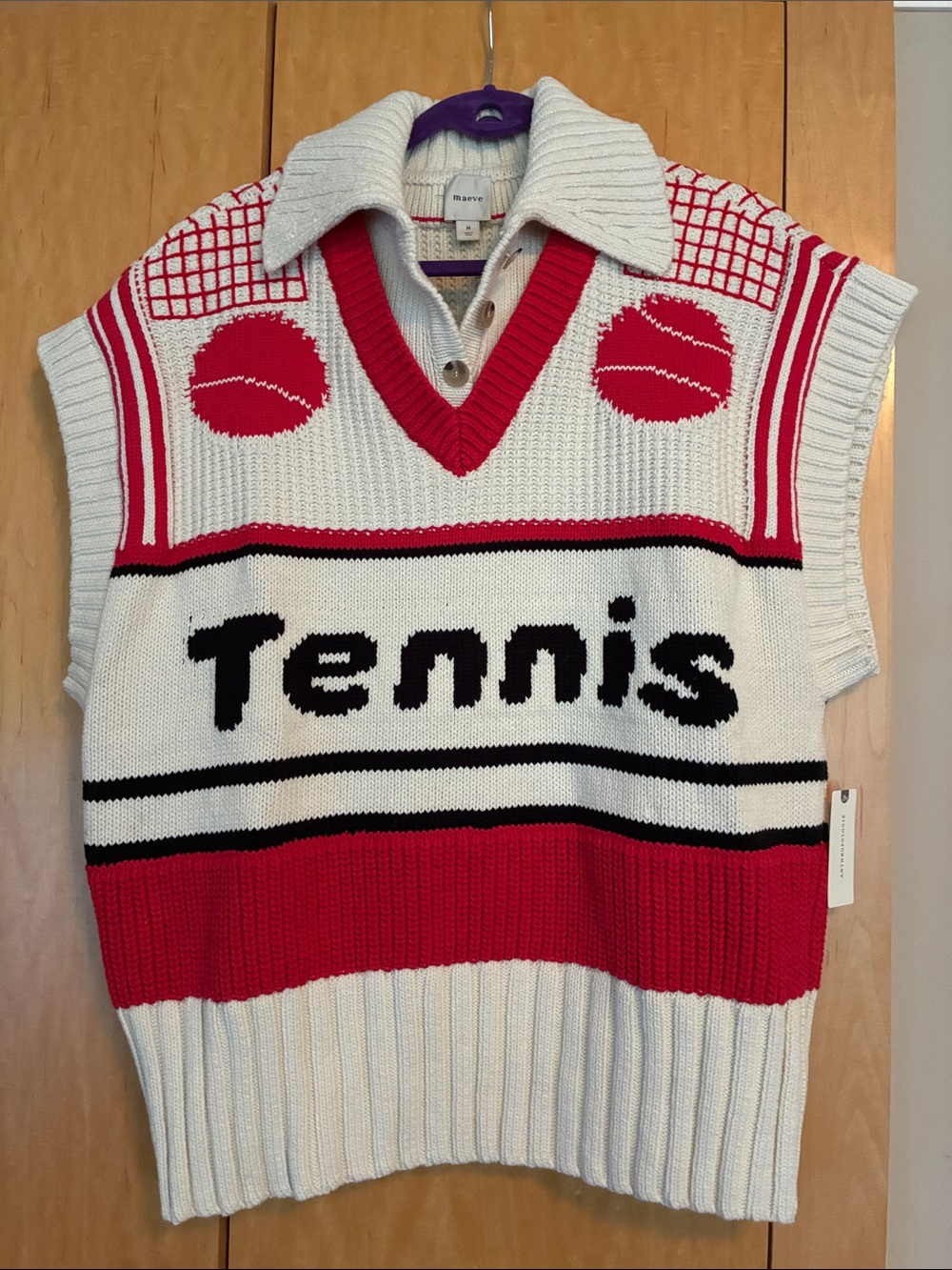 Maeve Cream, Red & Black Sleeveless Tennis Knit Vest